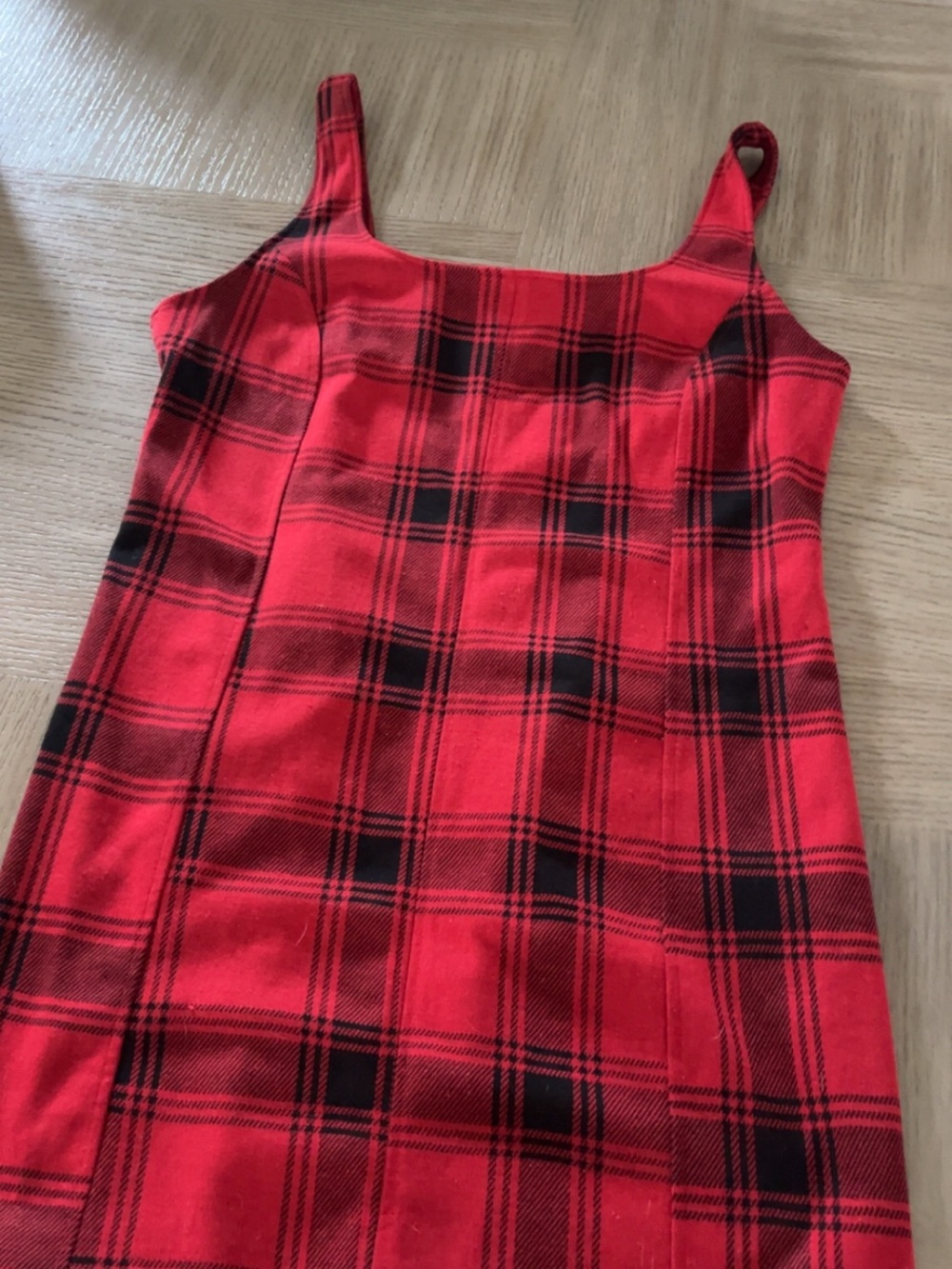 Red & Black Plaid Square Neck Slip Dress